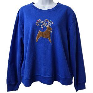 Hot Cotton Christmas Sweatshirt S Crew Pullover Rudolph Reindeer Applique Blue